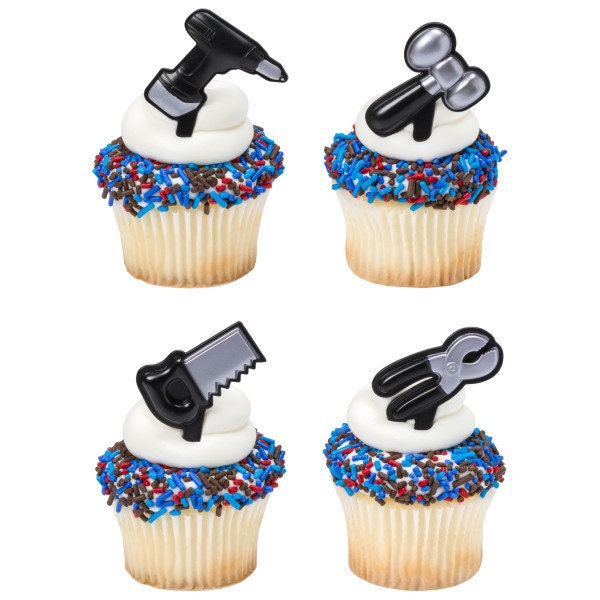 12 TOOLS Cupcake Picks Cake Toppers Father's Day Party Hammer Saw Drill Decoration Birthday