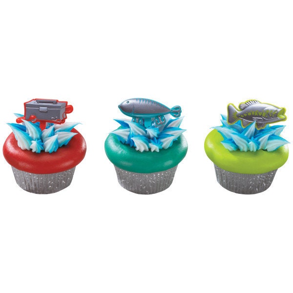 12 FISHING Cupcake Picks Cake Toppers Father's Day Bobber Lure Pole Tacklebox Decoration Birthday Craft Supply