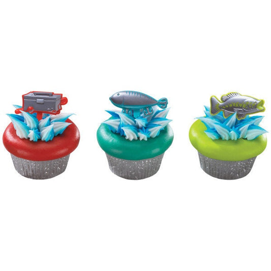 12 FISHING Cupcake Picks Cake Toppers Father's Day Bobber Lure Pole Tacklebox Decoration Birthday Craft Supply