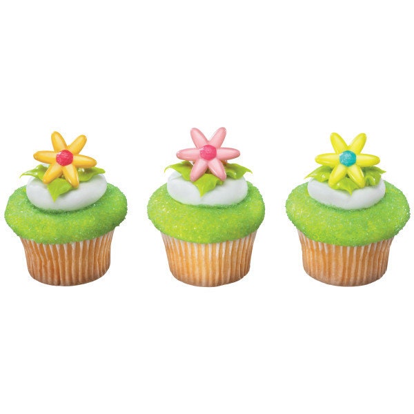 12 SPRING DAISY Cupcake Rings Picks Cake Toppers Flower Easter Decoration Birthday