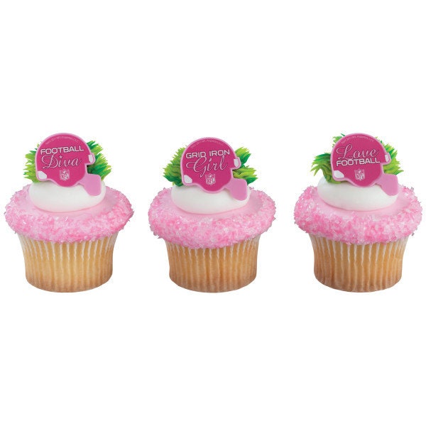 12 PINK FOOTBALL HELMET Cupcake Rings Nfl Cake Toppers for Birthday Party Decoration