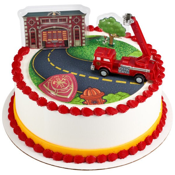 FIRE TRUCK & STATION Cake Topper Ladder Firefighter Badge Cake Decoration Birthday Decoset