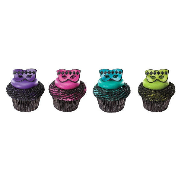 12 MASQUERADE MASK Cupcake Rings Theatre Drama Mardi Gras Picks Cake Toppers Decoration Birthday Party