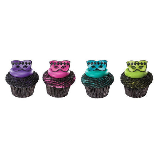 12 MASQUERADE MASK Cupcake Rings Theatre Drama Mardi Gras Picks Cake Toppers Decoration Birthday Party Craft Supply