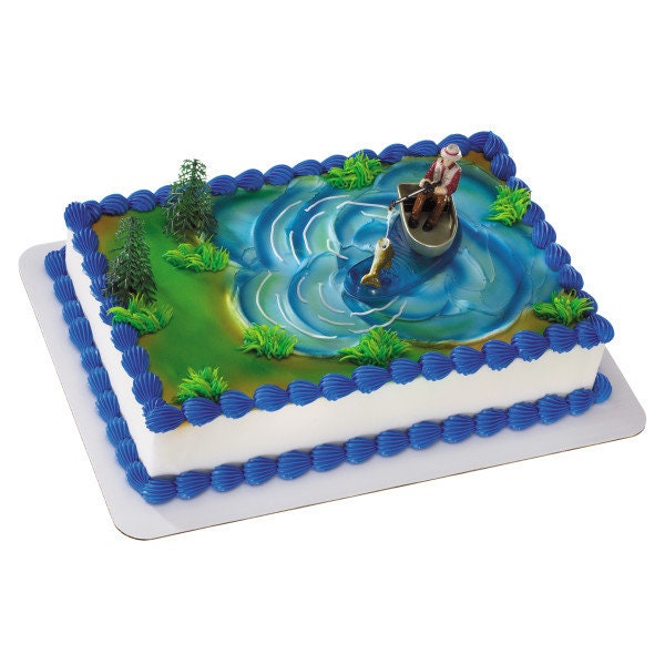 FISHERMAN With ACTION FISH Cake Topper Fishing Hook Pole Tackle Cake Decoration Birthday Decoset Craft Supply