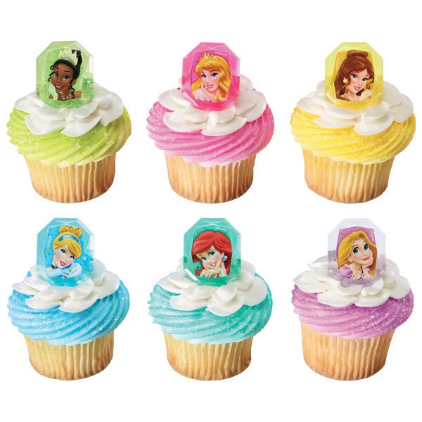 12 DISNEY PRINCESS GEMSTONE Cupcake Rings Tiana Aurora Belle Cinderella Ariel Cake Toppers Birthday Party Decoration