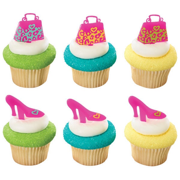 12 PURSE SHOE Cupcake Rings Animal Print Heel Shoe Fashion Cake Toppers Birthday Party Decoration
