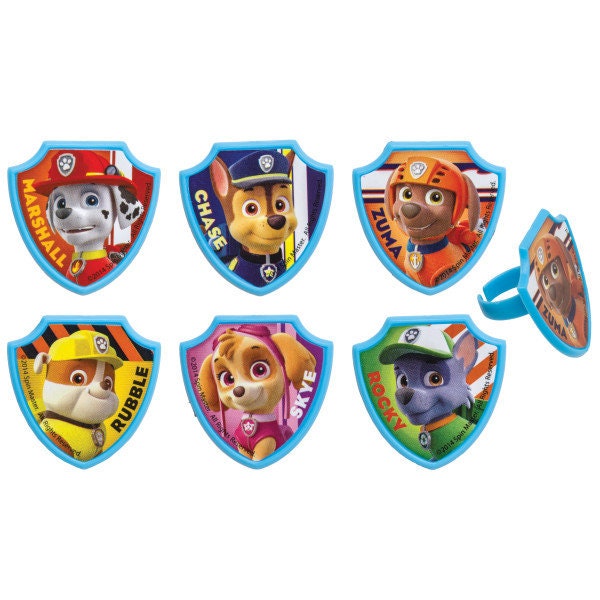 12 PAW PATROL Cupcake Rings Dogs Chase Rocky Skye Zuma Cake Toppers Birthday Party Decoration Craft Supply