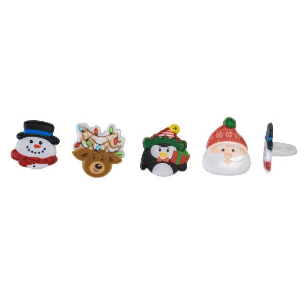 12 CHRISTMAS Cupcake Rings Holiday Icon Santa Reindeer Penguin Picks Cake Toppers Decoration Party