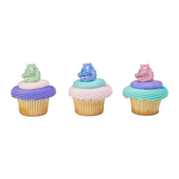 12 UNICORN Cupcake Rings Cake Toppers Fantasy Horse Iridescent Birthday Party Decoration