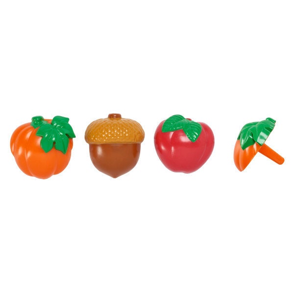 12 AUTUMN HARVEST Cupcake Rings Acorn Apple Pumpkin Fall Cake Toppers Birthday Party Decoration Craft Supply
