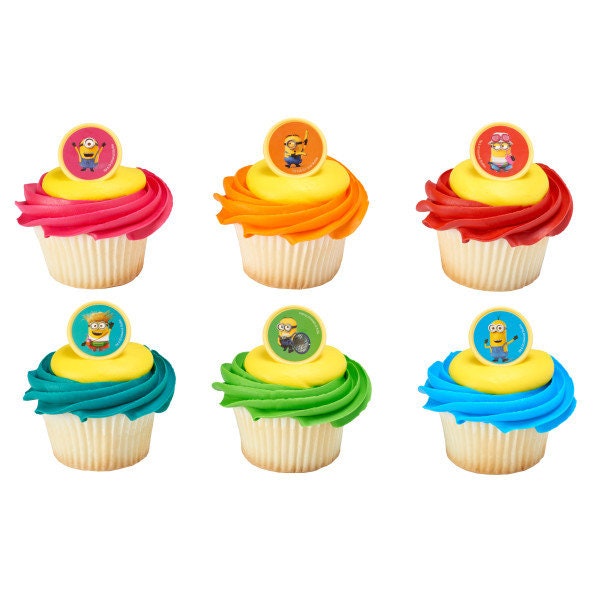 12 MINIONS DESPICABLE ME Cupcake Rings Mayhem Cake Toppers Birthday Party Decoration Craft Supply