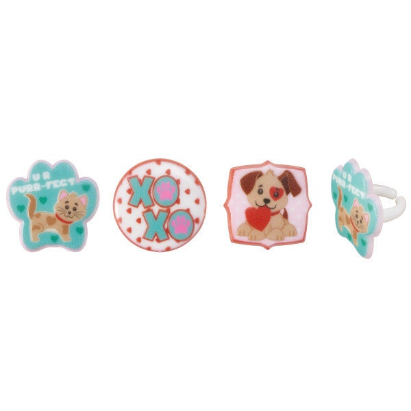 12 PAWS AND KISSES Cupcake Rings Valentine Heart Love Puppy Dog Cat Kitty Xoxo Cake Toppers Birthday Party Decoration