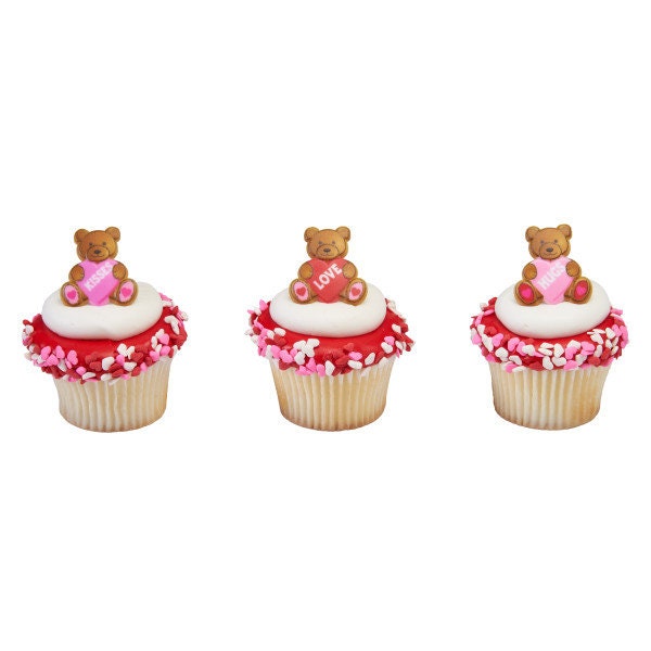 12 VALENTINE TEDDY BEARS Cupcake Rings Heart Love Kisses Xoxo Cake Toppers Birthday Party Decoration