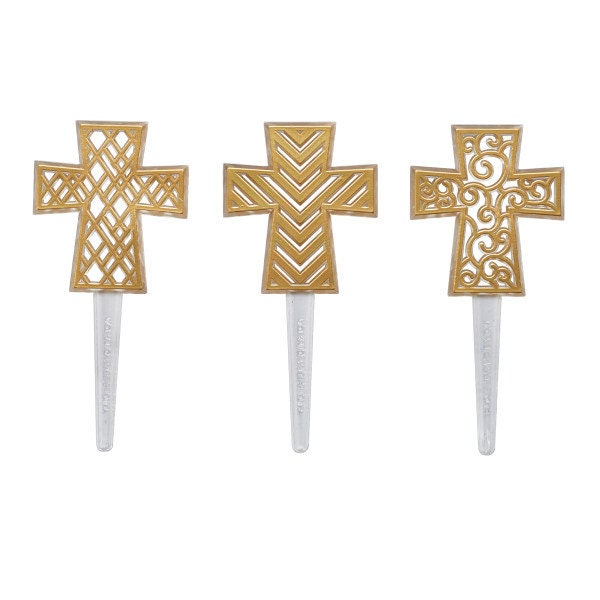 12 GOLD CROSS ASSORTMENT Cupcake Picks Baptism Easter Christian Jesus Church Religious Cake Toppers Rings Party Decoration