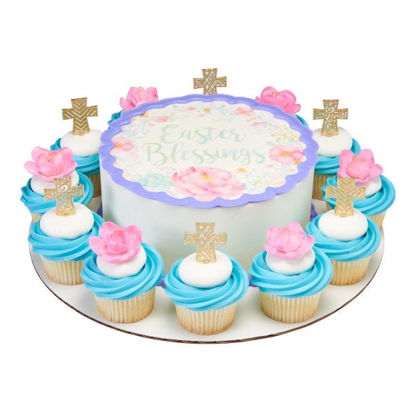 12 GOLD CROSS ASSORTMENT Cupcake Picks Baptism Easter Christian Jesus Church Religious Cake Toppers Rings Party Decoration
