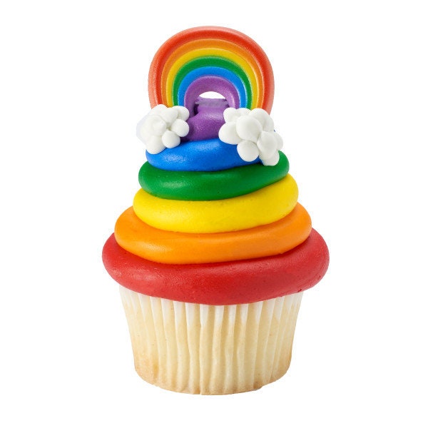 12 RAINBOW Cupcake Rings Fantasy Pride Cloud Mystic Cake Toppers Birthday Party Decoration