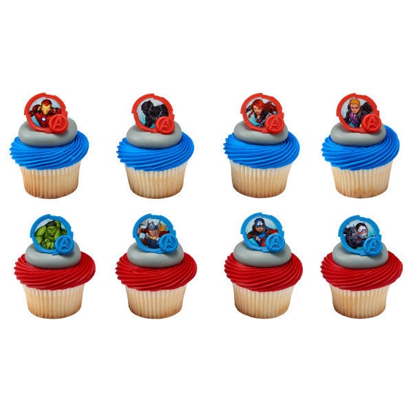 MARVEL AVENGERS Cupcake Rings (12) Mightiest Heroes Hulk Thor Iron Man Cake Toppers Birthday Party Decoration