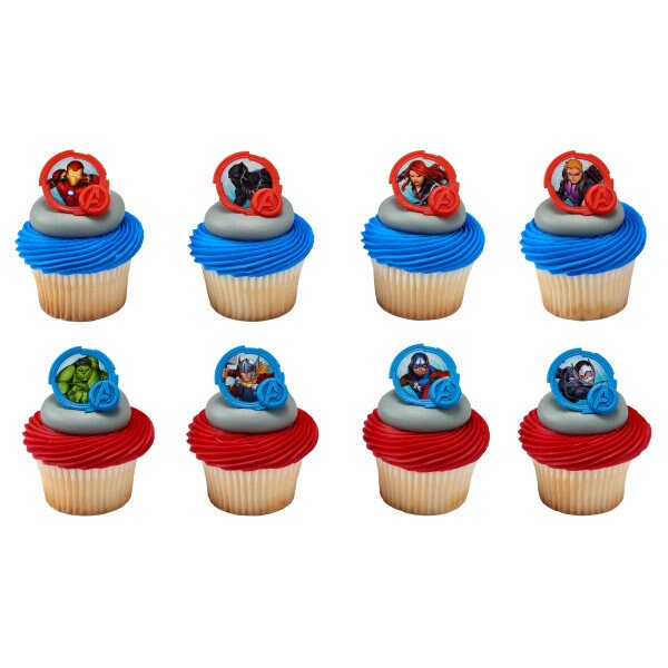 MARVEL AVENGERS Cupcake Rings (12) Mightiest Heroes Hulk Thor Iron Man Cake Toppers Birthday Party Decoration Craft Supply