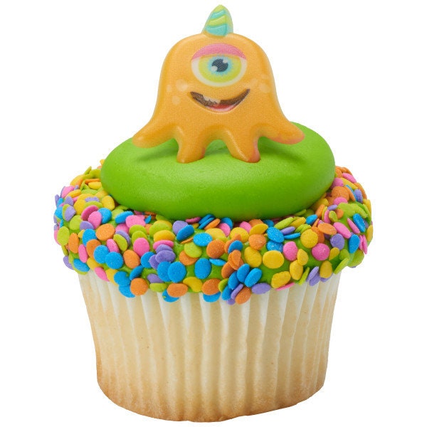 EYEBALL MONSTERS Cupcake Rings (12) Silly Halloween Faces Cake Toppers Birthday Party Decoration