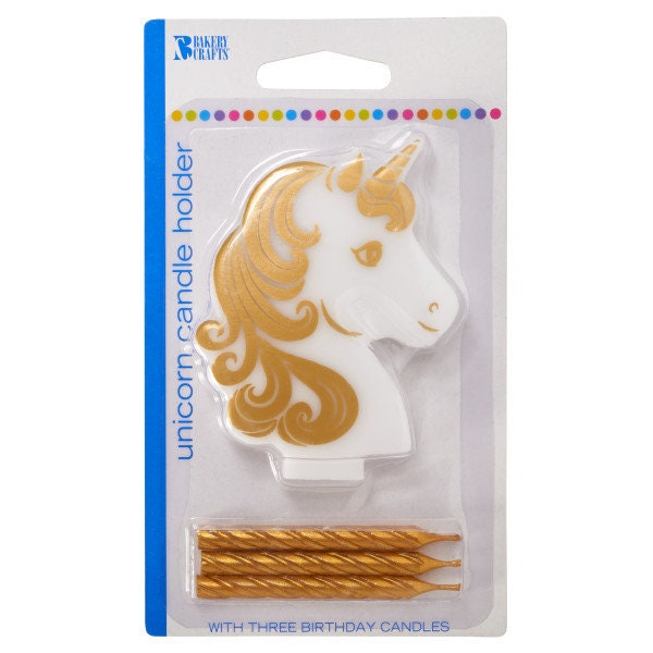 GOLDEN UNICORN Candle and Holder Fantasy Mane Mystical Cupcake Rainbow Cake Toppers for Birthday Party Decoration