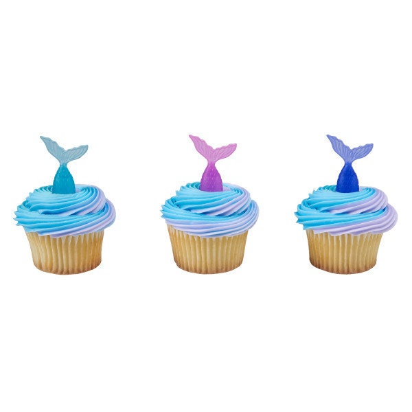 12 MERMAID TAIL Cupcake Picks Under the Sea Ocean Cake Toppers Rings Birthday Party Decoration
