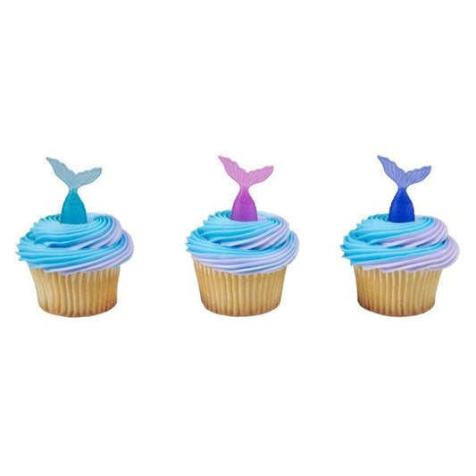 12 MERMAID TAIL Cupcake Picks Under the Sea Ocean Cake Toppers Rings Birthday Party Decoration Craft Supply