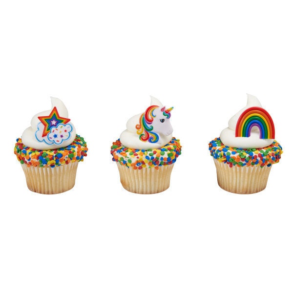 UNICORN ASSORTMENT Cupcake Rings (12) Rainbow Fantasy Cake Toppers Birthday Party Decoration
