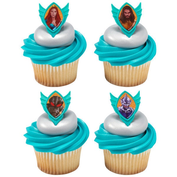 12 AQUAMAN Cupcake Rings Quest Movie Cake Toppers Birthday Party Decoration Picks