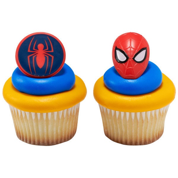 12 SPIDERMAN Cupcake Rings Spider and Mask Marvel Comics Cake Toppers Birthday Party Decoration Picks Spider-Man