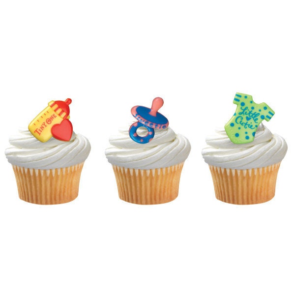 12 BABY SYMBOLS Cupcake Rings Baby Shower Bottle Pacifier Gender Reveal Cake Toppers Party Decoration