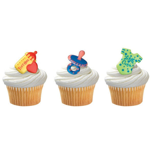 12 BABY SYMBOLS Cupcake Rings Baby Shower Bottle Pacifier Gender Reveal Cake Toppers Party Decoration