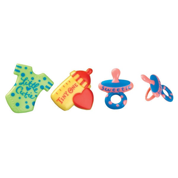 12 BABY SYMBOLS Cupcake Rings Baby Shower Bottle Pacifier Gender Reveal Cake Toppers Party Decoration