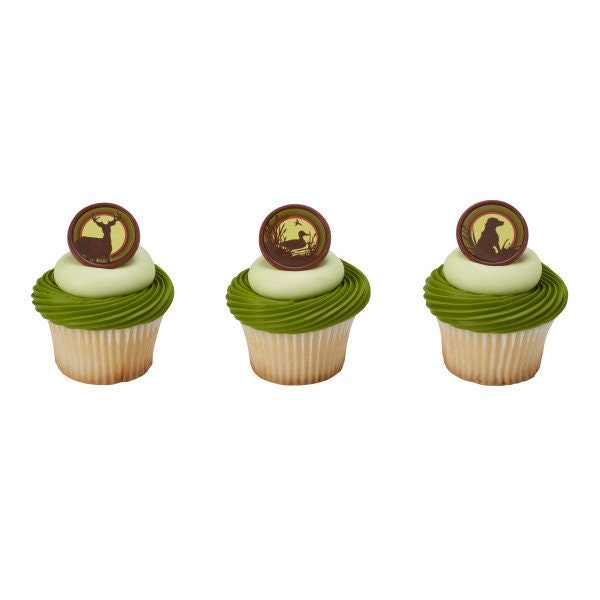 12 HUNTING Cupcake Rings Assortment Bucks Ducks Dog Deer Hunters Cake Toppers Birthday Party Decoration Picks Craft Supply