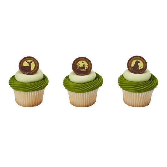 12 HUNTING Cupcake Rings Assortment Bucks Ducks Dog Deer Hunters Cake Toppers Birthday Party Decoration Picks Craft Supply