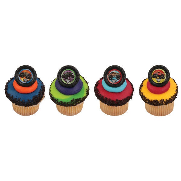 MONSTER JAM Cupcake Rings (12) Car Crushing Crashing Rally Cake Toppers Birthday Party Decoration Picks