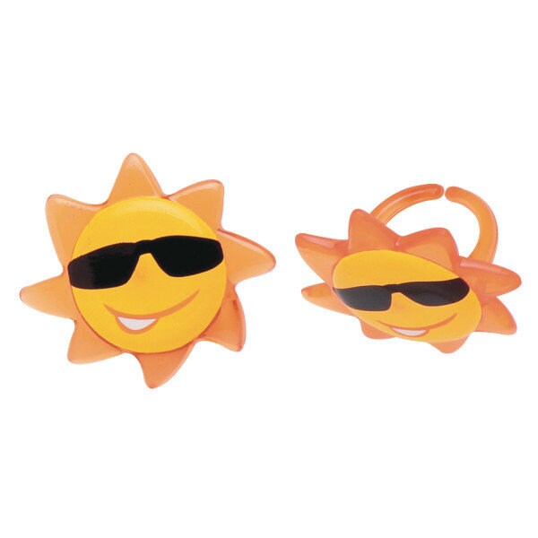 12 SUN FACE Cupcake Rings Summer Fun Sunglasses Cake Toppers Birthday Party Decoration Picks Craft Supply