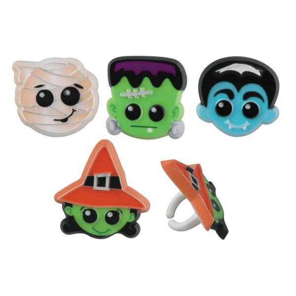 12 HALLOWEEN CHARACTERS Cupcake Rings Birthday Frankenstein Mummy Witch Vampire Cake Toppers Party Decoration Picks