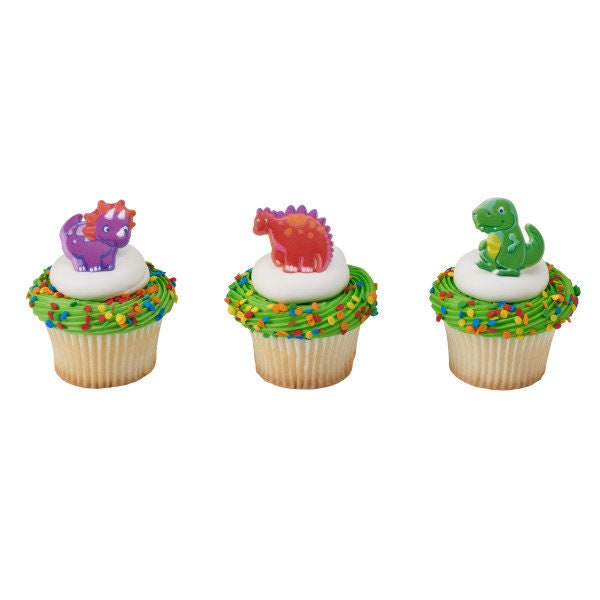 12 DINO PALS Cupcake Rings Dinosaur Birthday Cake Toppers Party Decoration Picks