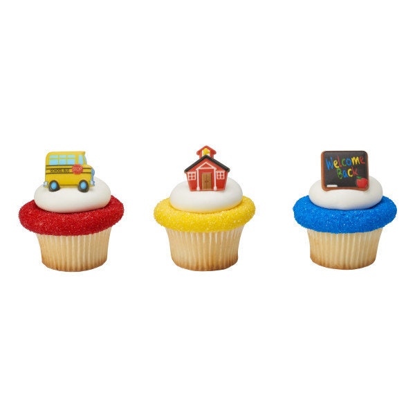 12 SCHOOL ICONS Cupcake Rings School Bus House Welcome Picks Cake Toppers Decoration Party