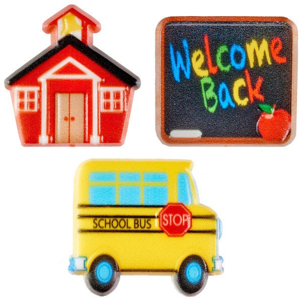 12 SCHOOL ICONS Cupcake Rings School Bus House Welcome Picks Cake Toppers Decoration Party
