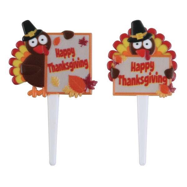 HAPPY THANKSGIVING TURKEYS Cupcake Picks Fall Harvest Pilgrim Thanksgiving Rings Cake Toppers Party Craft Supply