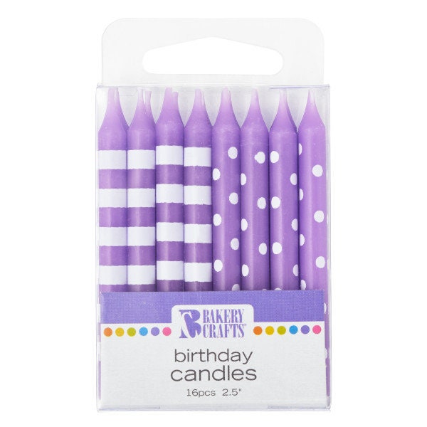 PURPLE DOTS & STRIPES Candles Birthday Cupcake Cake Toppers for Birthday Party Decoration polka dots