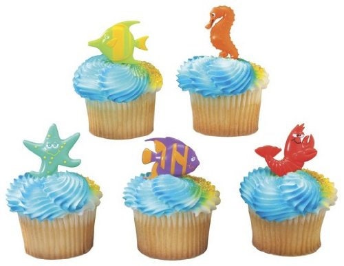 12 Sea Life Cupcake Picks Rings Cake Toppers for School Birthday Luau Sea Creatures Starfish Lobster Party