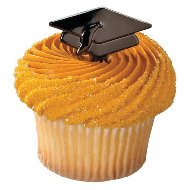 12 Black Graduation Cupcake Picks Metallic Hat Grad Toppers Party Diploma Cap