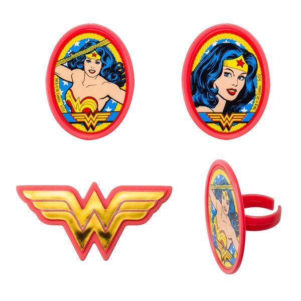 12 WONDER WOMAN Cupcake Rings Cake Toppers for Birthday Party Decoration