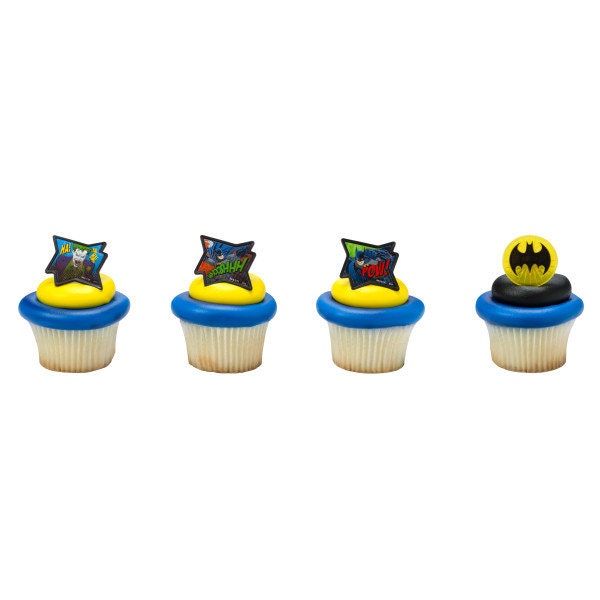 12 BATMAN Cupcake Rings POW! Cake Toppers for Birthday Party Decoration