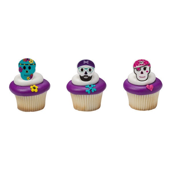 12 SKULL Cupcake Rings Various Characters Pirate Cake Toppers for Birthday Party Decoration