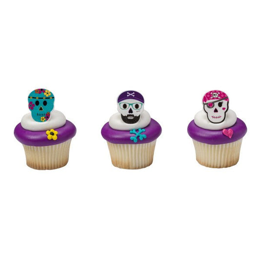 12 SKULL Cupcake Rings Various Characters Pirate Cake Toppers for Birthday Party Decoration Craft Supply