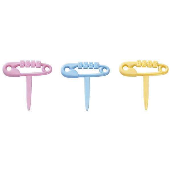 12 BABY DIAPER PINS Cupcake Picks Cake Toppers for Baby Shower Boy Girl Party Decoration